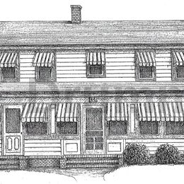Pen and ink drawing of a local house with an awning