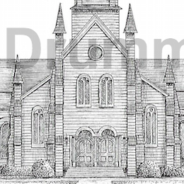 Pen and ink drawing of Holy Cross Church