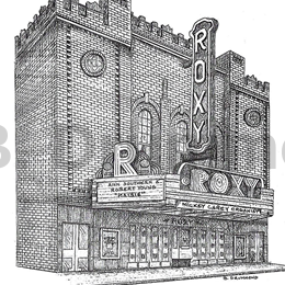 Pen and ink drawing of Roxy Theater
